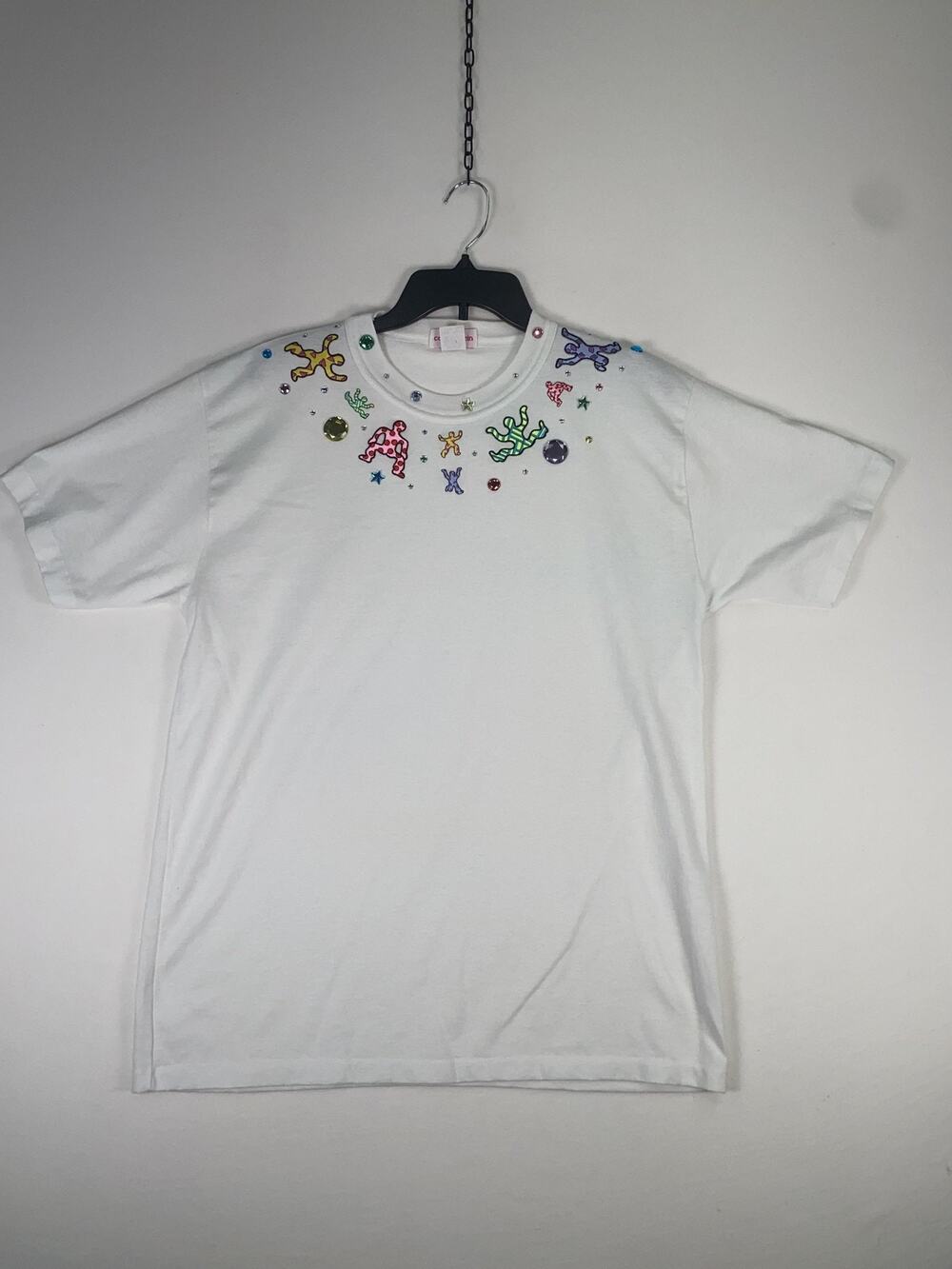 Celeste Stein T-shirt Womens One Size White Crew Neck Embroidered Rhinestone Top